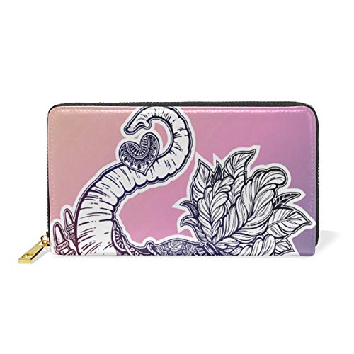 Preisvergleich Produktbild GIGIJY Geldbörse mit süßem ethnischen Elefant, mehrere Kreditkartenfächer, Tasche für Frauen, echtes Leder, mit Reißverschluss
