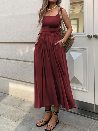 Image of Mieazom Women's Boho Summer Maxi Dress with Pockets, Adjustable Waist, Sleeveless Casual Ruched Sundress for Beach Vacation