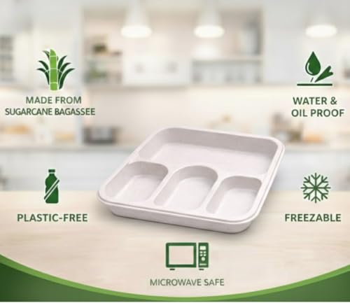 Image of Eco Bagasse 4 Compartment Meal Trays - Eco-Friendly Bagasse Disposable Plates - Strong Oil & Water Resistant Disposable Plates with Compartments for Parties, Catering & Events (Pack of 25)