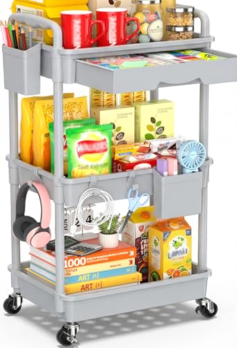Image of SUNALLY 3 Tier Rolling Cart with Drawer, Bathroom Storage Organizer with 2 Lockable Wheels, Multifunctional Rolling Storage Cart for Bathroom, Kitchen, Office, Craft, Makeup, Baby Essentials, Gray