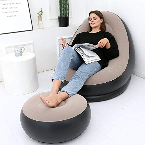 Image of 2-in-1 Lounge Chair Set Portable Recliner with Air Pump, Inflatable Leisure Sofa Chair and Footstool, Outdoor Folding Lounger Flocking Lazy Couch, Air Bag Chair and Stool