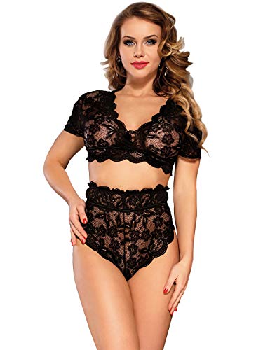 Lingerie for Women Plus Size High Waist Lingerie Set Lace Bra and Panty Set Underwear Black