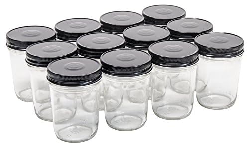 North Mountain Supply 8 Ounce Glass Regular Mouth Tapered Mason Canning Jars - with Safety Button Lids - Case of 24 (Black Metal Lids)