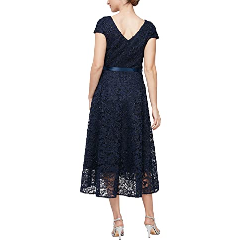 Image of Alex Evenings Women's Tea Length Dress with Rosette Detail (Petite and Regular)
