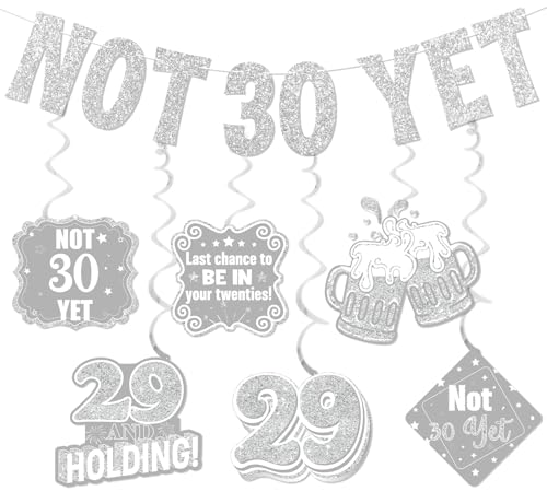 Not 30 Yet Banner Sliver Glitter with Hanging Swirls, 29th Birthday Decorations for Women Men, Last Year In My 20s, Cheer to 29 Years, Twenty Fucking Nine, Funny 29 Birthday Decorations