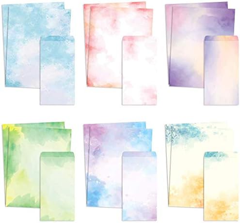 Stationery Paper and Envelopes Set of 48 Watercolor Letter Writing Paper, Decorative Printer Stationery Sheets with Assorted Designs - Double-sided Printing - 8.5 x 11 Inch