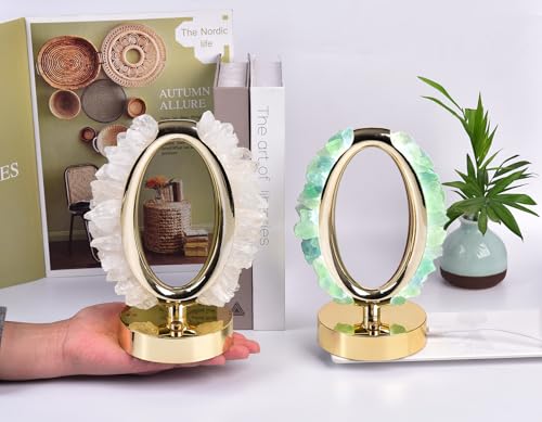 Image of AMOYSTONE Natural Crystal USB Led Lamp Green Fluorite Night Light Elliptical Table Lamp Tri-Color Rock Crystal Lamp for Bedroom Table Living Room