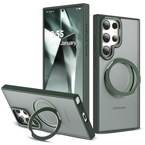 Image of Compatible with Samsung Galaxy S24 Ultra Case with 360Rotatable Magnetic Ring Stand Compatible with Mag-Safe Military Protection Matte Translucent Phone Cases for S24 Ultra 6.8 inch,Dark Green