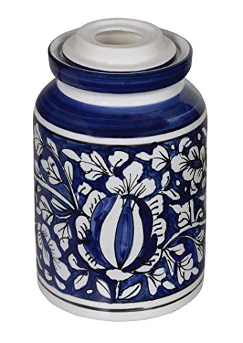 Image of Blue Pottery Hand Painted Mughal Ceramic Storage Pickle Jar for Home, 2 KG