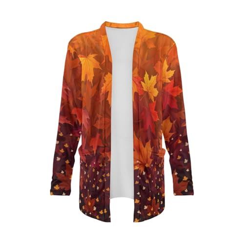Image of Fall Maple Leaf Cardigan Sweaters for Women Long Sleeve Cardigan Soft Drape Open Front Dusters V-Neck Jackets Dressy