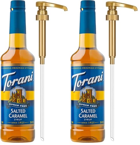 Image of Torani Sugar Free Coffee Syrup, Salted Caramel Flavored Syrup for Drinks, Zero Calorie, Pump Included, 25.4 Fl Oz (Pack of 2)