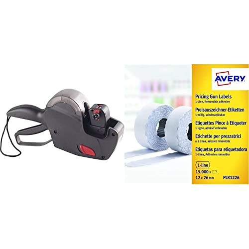 AVERY Zweckform PL1/8 Preisauszeichner (165 x 280 x 75 mm, 1-zeilig, 1x Handauszeichner) schwarz & PLR1226 Etikettenrolle (15.000 Stück, 1-zeilig, wiederablösbar, 12 x 26 mm) 10 Rollen weiß