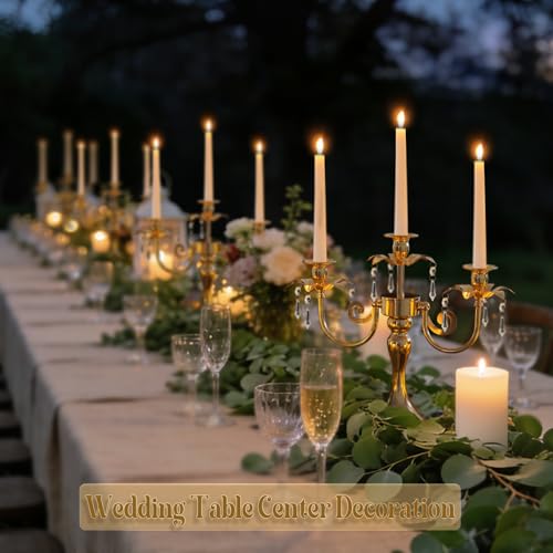 Image of Metal 3 Arm Candelabra with Crystal Pendants - 11.8 Inch Tall Candle Holders, Set of 2 - Elegant Taper Candlestick Stand for Wedding, Dining Table, Christmas Party Home Decoration (2, Gold)