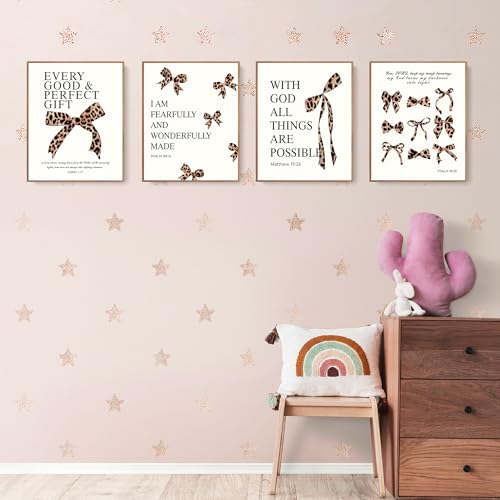 Image of LARTSFRO Coquette Leopard Bow Wall Art Decor Posters, Y2K Cheetah Print Room Decor Aesthetic Bible Verses Inspirational Wall Art for Teen Girls Bedroom Dorm Bathroom, 10x8 Inch Set of 4 Pcs Cheetah Bow Pictures (UNFRAMED)