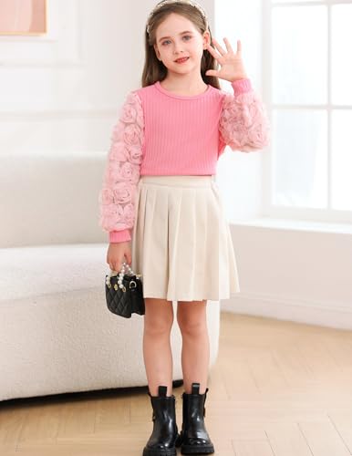 Image of Girls Casual Crewneck Ruffle Flower Long Sleeve Solid Kint Sweatshirts Loose Fit Blouse Fashion Shirts