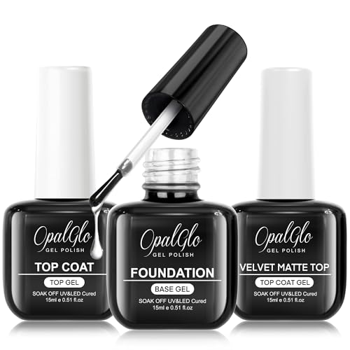 OpalGlo 3pcs 15ml Base Coat, No Wipe Top Coat, Velvet Matte Top Coat Gel Polish Kit, 0.51 fl oz Each, Soak-Off UV/LED Cured