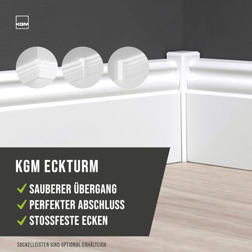 KGM 4x Eckturm Vorteilspack – Weiß lackierte Innen-, Außenecke oder Verbinder zwischen den Sockelleisten – Auch als Endkappe, Abschluss & Endstück geeignet – Maße: 21 x 21 x 95 mm – 4 Stück