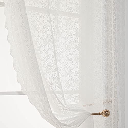 H.ebony Eyelet Ivory Lace Curtains 63 Inches Long - Scalloped Lace Sheer Curtains For Bedroom, Grommet Ivory Lace Window Curtains Knitted Vintage Rose Floral, 54 X 63 Inch, 2 Panels, Light Beige #TOP4