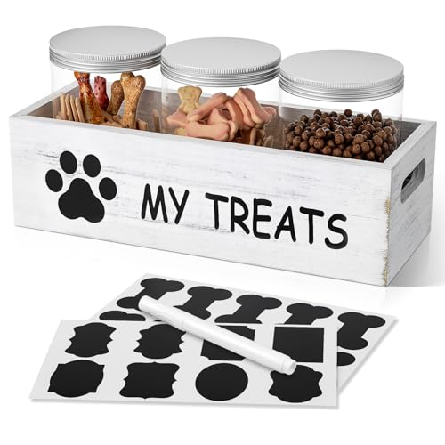 Dog Treat Container for Countertop – Dog Food Storage with 3 Jars – Pet Food Organizer For Puppy – Airtight White Wooden Dog Treat Storage With Lids – Great Gift for Pet Dog Owners