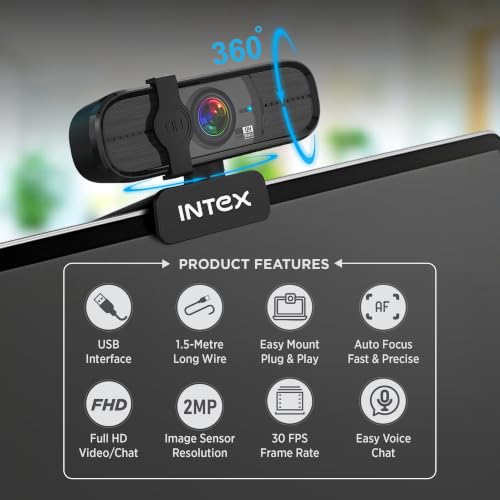 Image of Intex Web Pro Vision Full HD 1080P USB Webcam with Microphone | 360 Rotation | Privacy Shutter | Plug & Play USB Camera for Laptop, Desktop, Online Classes, Video Calls & Streaming