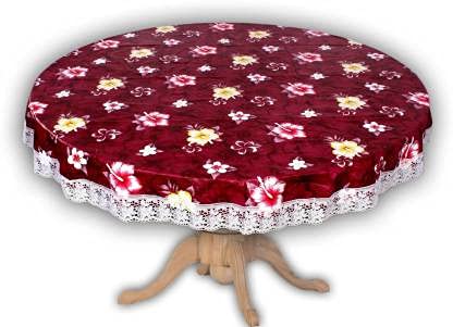 SUPERMACY Flower Printed Dining Table Cover Maroon Color with White Lace – 4 Seater Table, 60″ Round (Exact Size)