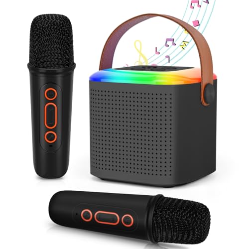 Paneerte Karaoke Machine Kids, Mini Karaoke Machine for kids, Portable Bluetooth Speaker with 2 Wireless Microphones, Karaoke Machine with LED Light and Voice Changing for Boys Girls Party, Black