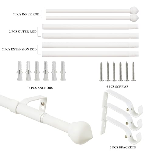 3/4 Standard Decorative Adjustable Curtain Rod,Heavy Duty Curtain Rods Set for Windows,30 To 80 Inch, White
