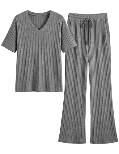 UMIPUBO Conjunto Pijama Mujer 2 Piezas Cuello en V Manga Corta Pantalón Largo Cintura Elástica Elegante Suave con Bolsillos Ropa de Dormir Verano Cómodo (Gris, M)