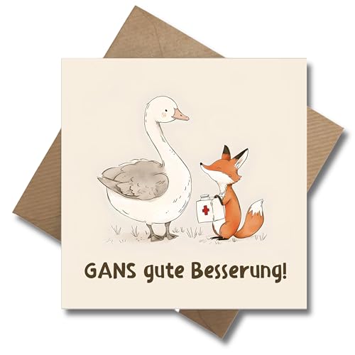 WBdesignz Genesungskarte Gans gute Besserung Karte Gute Besserung - Genesung Karte Gesundheit Besserungswünsche Fuchs Gans (125 x 125 mm)