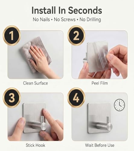 Image of Enclave Heavy Duty Adhesive Hooks, Stick on Wall Adhesive Hangers, Strong Stainless Steel Holder, Self Adhesive Hooks for Kitchen Bathroom Home Door Towel Coat Key Robe. (Cube RND Silver, Pack of 4)