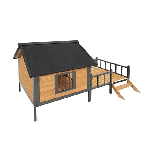 GDFStudio Wooden Large Dog House w/Porch Deck, Iron Frame Dog Kennel for XL Dogs, Weatherproof Outdoor Dog House with Asphalt Roof, Elevated Cabin Style Pet Shelter, 43.3"W × 66.9"D × 32.7"H, Honey by GDFStudio - Image 6