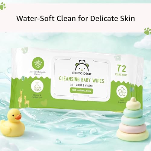 Image of Amazon Brand - Mama Bear Cleansing Baby Wipes With Lid | 360 Wipes | 72 Wipes x 5 Packs | Dermatologically Tested | With Aloe Vera & Vitamin E | Alcohol-free | Paraben-free | Water-Based Formulation