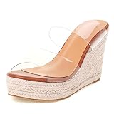 VARECOLA Women Slip On Clear Straps Espadrille Wedge Heel Sandals Slide Peep Toe Mule Platform Sanda
