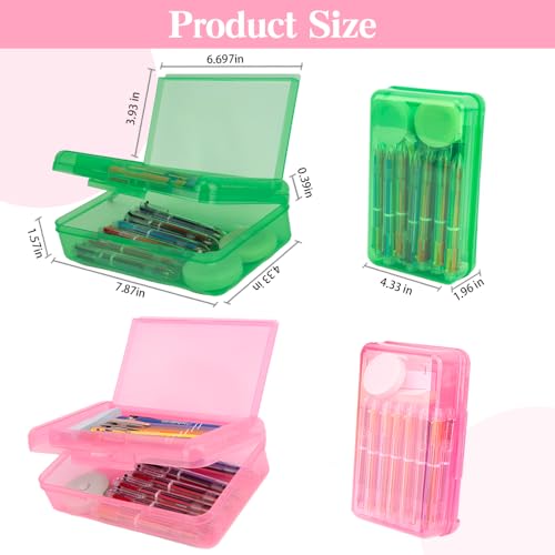 Image of Pencil Case Box, 2 PCS Green Pink Double Layer Large Capacity Plastic Pencil Boxs, Clear Hard Pen Case with Snap-tight Lid,Storage Art Craft Box Marker Organizer for Boys Girls Offices School Supplies