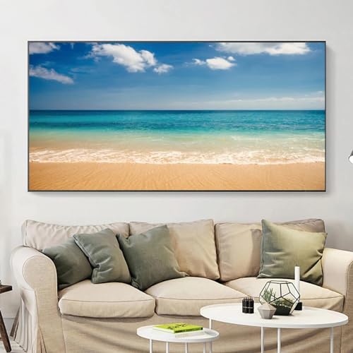 Affiche de paysage marin nordique HYFBH peinture toile mer bleue 50x95cm cadre noir