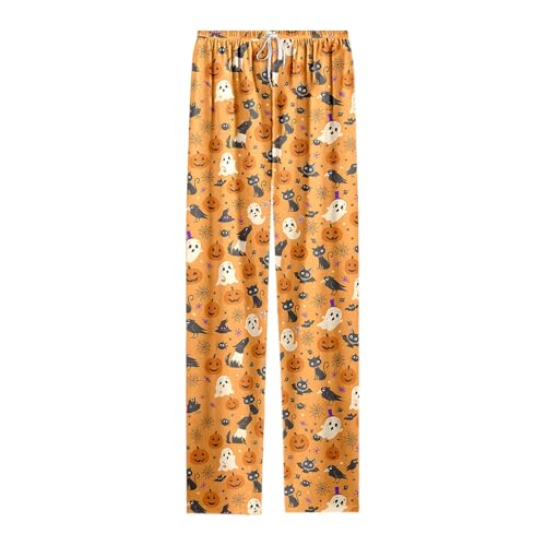 Halloween Pajamas,Halloween Pajama Pants Men Funny Pumpkin Ghost Print Loose Fit Elastic Drawstring Unisex Pjs Pant 2026 01 Yellow Large — view 4