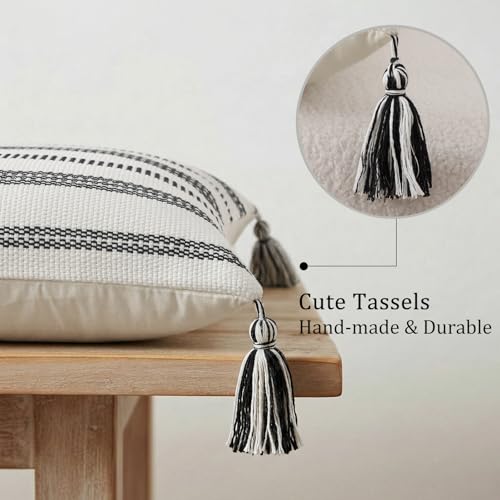 Smile Bee Boho Outdoor Couch Throw Pillow Covers Set of 2, Decorative Thick Woven Striped Accent Neutral Pillow Covers with Tassels for Bed Sofa Home Decor, 18x18 Inch, Black and Cream White — view 6
