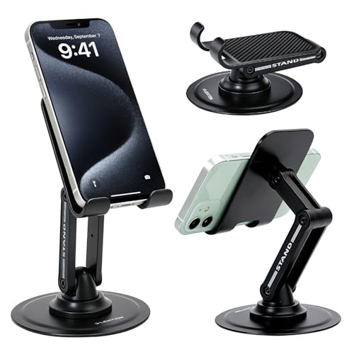 LENTION 360° Rotating Phone Stand, Adjustable Foldable Desktop Phone Holder, Weighted Stable Base, Custom Tension Joint, Universal Cell Phone Cradle Dock for iPhone Samsung All Smartphones, Black