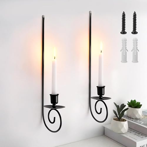 ARefugen Black Metal Wall Candle Sconces Set of 2 - Hanging Wall Mounted Candle Holders with Spiral Design for Living Room Fireplace Bedroom Bathroom Modern Decor