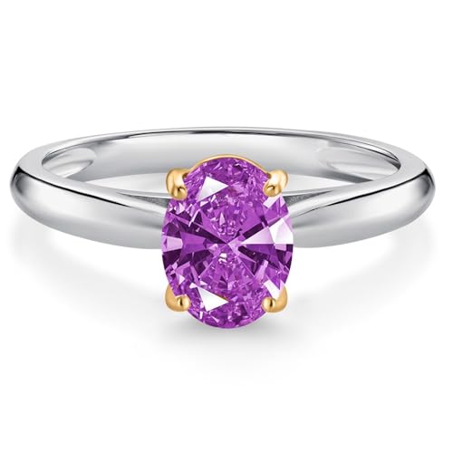 Gem Stone King 925 Sterling Silver and 10K Yellow Gold Fancy Purple Zirconia Solitaire Engagement Ring For Women (1.21 Cttw, Oval 8X6MM, Gemstone Birthstone, Available In Size 5, 6, 7, 8, 9)