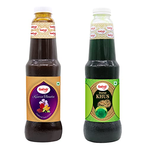 Image of SHREE Guruji Kesaria Thandai & Khus Sharbat Combo Pack Special Dry Fruit Syrup Instant Refreshing Drink For Summer (1 Litre), Liquid