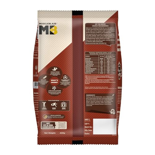 Image of MuscleBlaze High Protein Muesli (Blue Tokai Mocha Brew, 400g) | 24g Protein | With Raisins, Almonds & Super Seeds, High Protein Breakfast Cereals (Pack of 3)