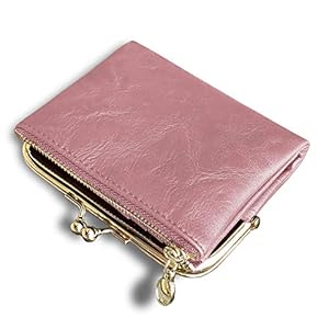 AOXONEL Womens Wallet Small RFID Ladies Compact Bifold Leather Vintage Coin Purse with Zipper and Kiss Lock – Pink – S