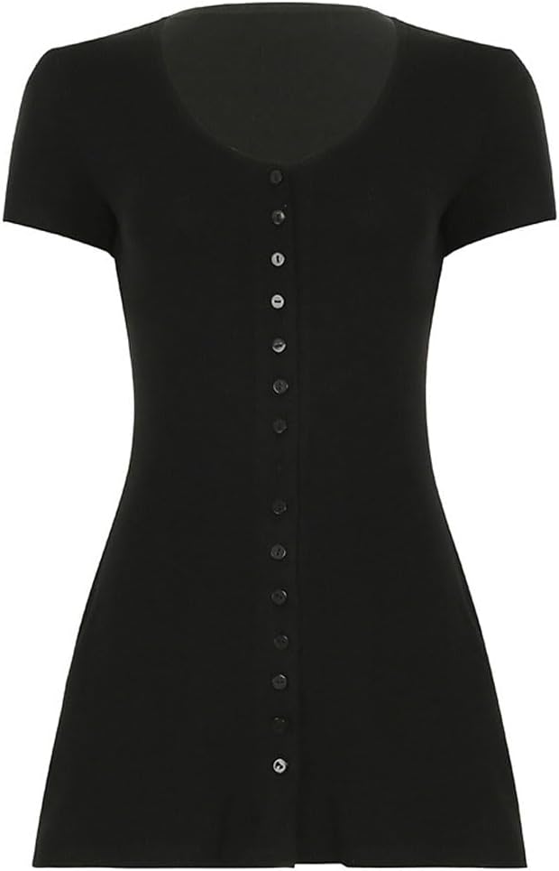 Women Sexy Deep V Neck Button Front Knit Mini Dress Elegant Short Sleeve Ribbed Flowy Hem A-Line Short Dress - Image 7