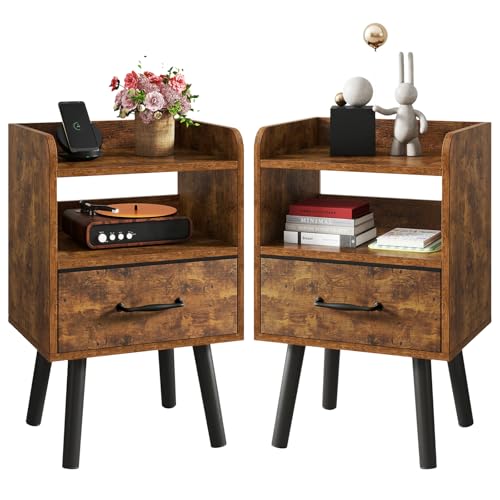 YMYNY Set di 2 Comodini, Tavolini da Salotto, Tavolini in Legno, Cassetti con Tessuto Rimovibile, Ripiano Aperto, 39x29x62 cm, per Camera da Letto, Soggiorno, Marrone Rustico HST021H-2