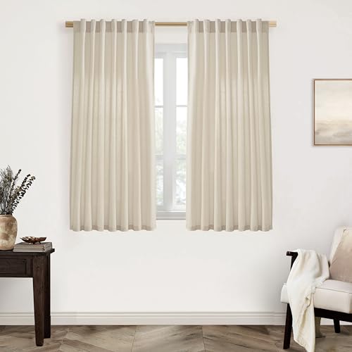Image of XTMYI Bathroom Window Curtains Short,Linen Sheer Boho Farmhouse Kitchen Curtains 45 Inch Length,Beige