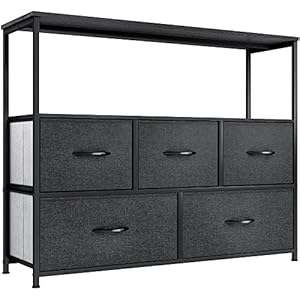 YITAHOME 5-Drawer Fabric Dresser with Shelves, Furniture Storage Tower Cabinet, Organizer for Bedroom, Living Room, Hallway, Closet, Sturdy Steel Frame, Wooden Top, Easy Pull Fabric Bins(Dark Grey)
