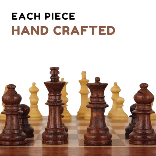 Image of Premium 15-Inch Wooden Folding Chess Set - Handcrafted Board with Storage, Walnut Finish, Includes 32 Chess Pieces - Ideal for Adults & Kids