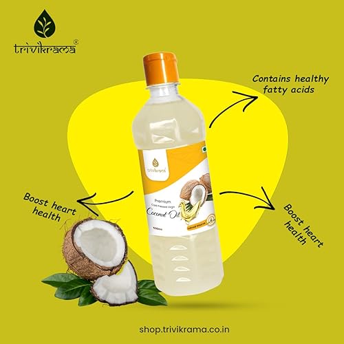 Image of Trivikrama Cold Pressed Unrefined Virgin Coconut Oil | Coconut Oil For Cooking | Coconut Oil For Skin | Coconut Oil For Hair | Face Coconut Oil | Pure Coconut Oil 60% MCT | Multipurpose Usage | A1 grade real coconut | From Makers of Parachute 500 ML