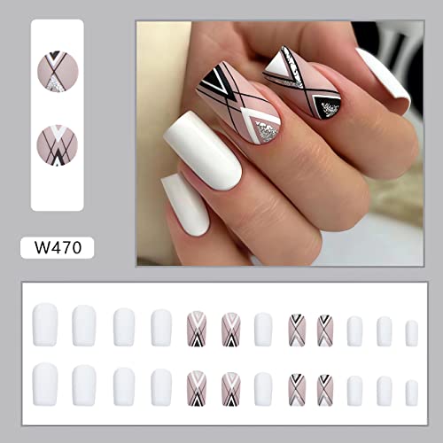Square Press On Nails Glitter Geometric Line Black Fake Nails White French False Nails Medium Glossy Daily Wear Artificial Nails Glue On Nails For Women Nail Art Manicure Decoration 24Pcs #TOP5